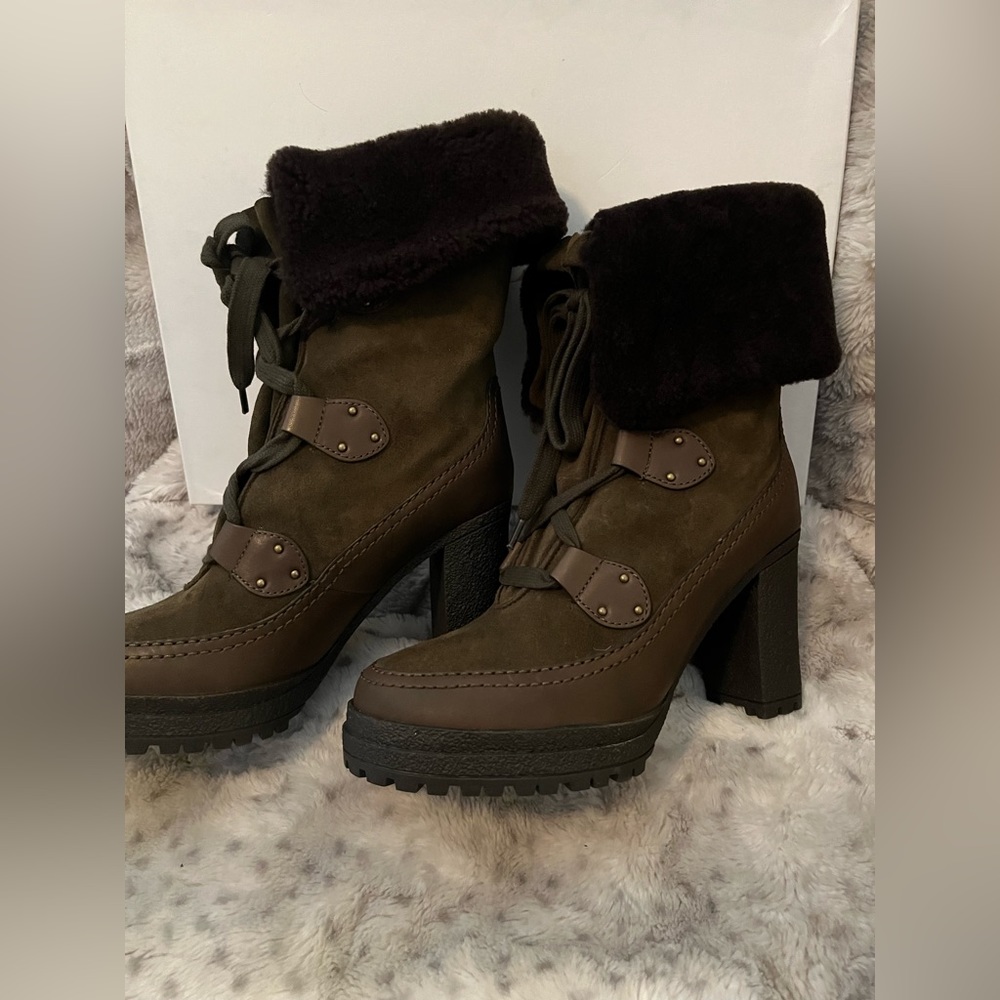 SEE BY CHLOE VERENA PLATFORM GENUINE SHEARLING LINED LACEUP BOOT MSRP $555 SAGE